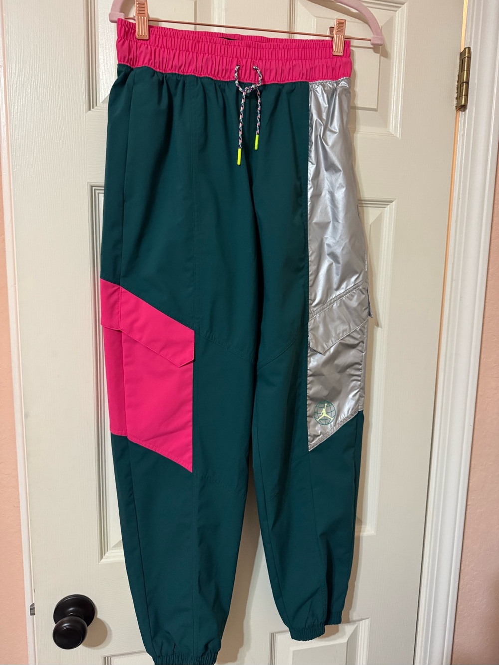 women Jordans Colorblock joggers with Metallic Accent - Green & Pink rare